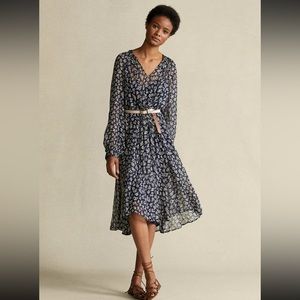 polo ralph lauren denver navy white ditsy floral midi dress balloon sleeve US 12